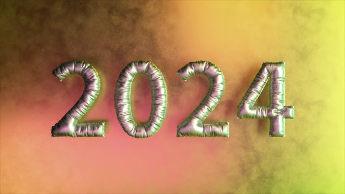 金属2024气球与梦幻般的渐变背景，完美的节日庆祝活动和新年主题，3D动画。