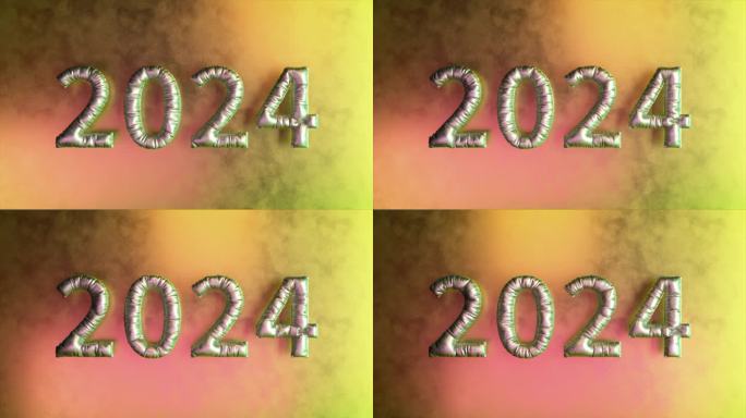 金属2024气球与梦幻般的渐变背景，完美的节日庆祝活动和新年主题，3D动画。