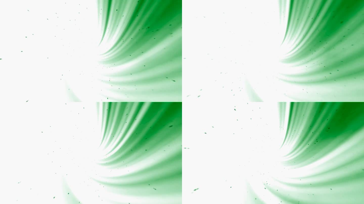 明亮的绿色光线从右上角到白色背景上的中心，为你自己的内容空间，慢慢到达尘埃颗粒。抽象。