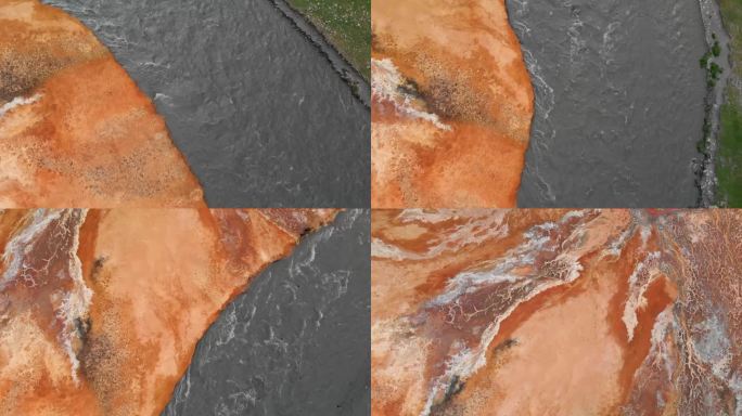 航拍无人机拍摄的矿泉与河流融合的画面