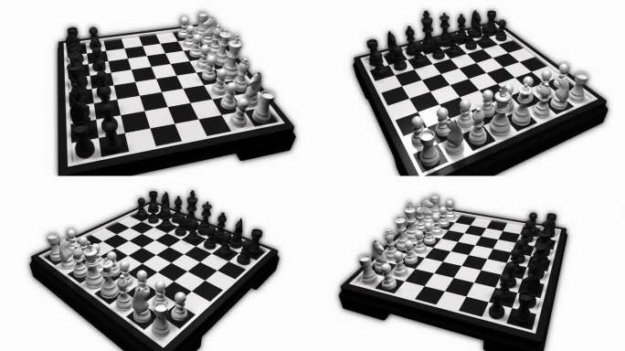 镜头围绕棋盘旋转。棋盘上旋转。国际象棋游戏棋盘上的黑白棋子。策略，智力和游戏概念。