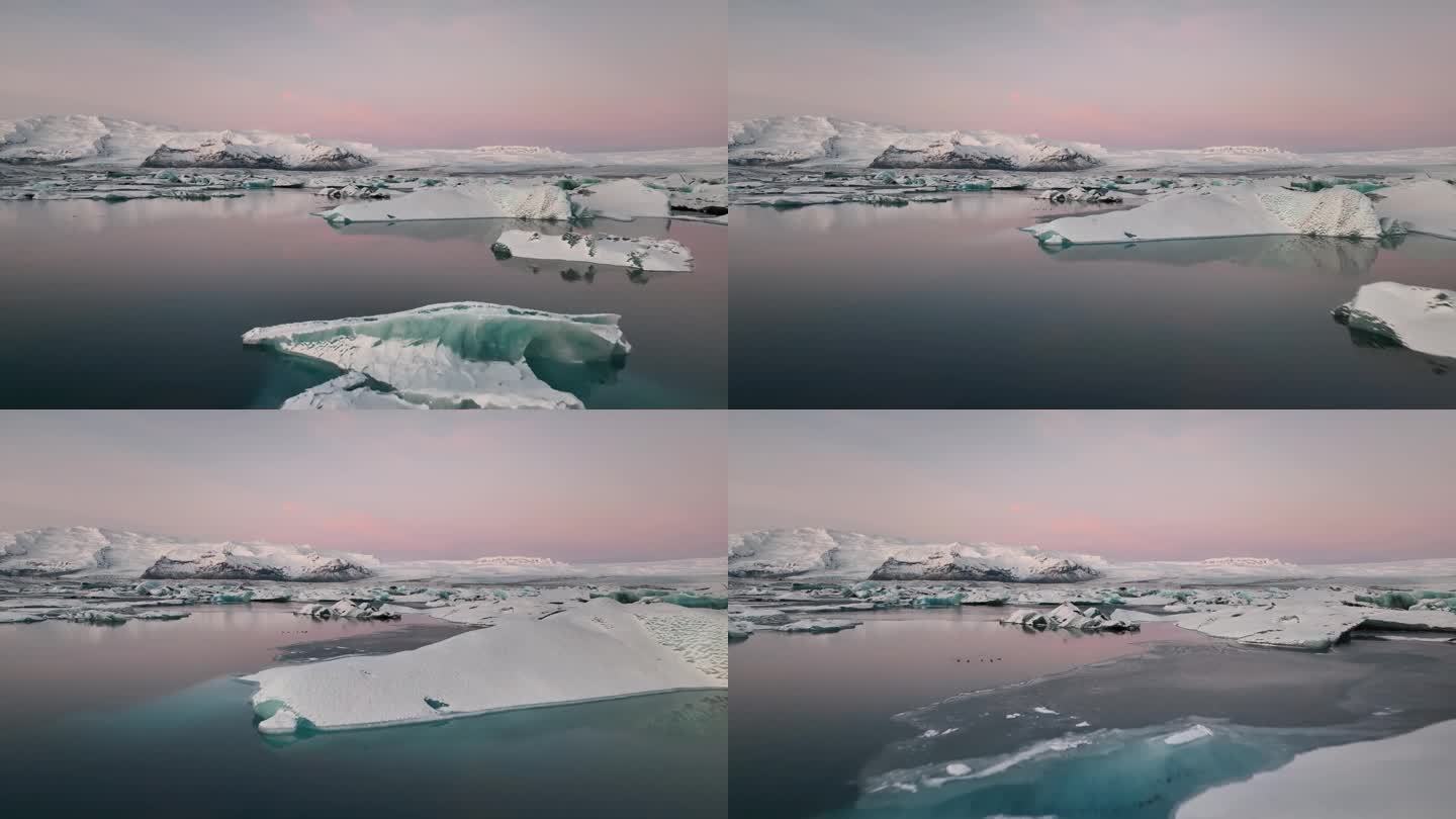 粉红色的日出天空和冰山反映在Jokulsarlon冰湖上。冰岛南部的瓦特纳冰川国家公园。无人驾驶飞机