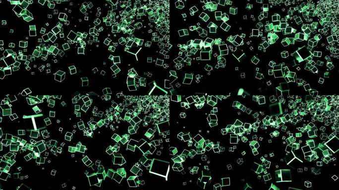 抽象流动的立方体轮廓与白色和绿色的边缘在黑色的背景。设计。会飞的3D小人