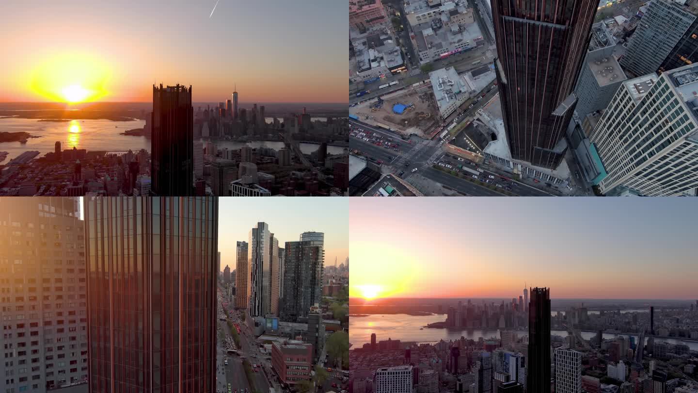 城市航拍纽约曼哈顿布鲁克林塔摩天大楼日出