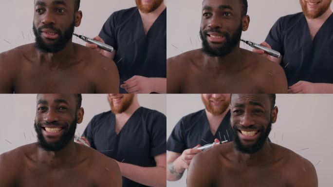 可怜的害怕的黑人男性患者坐在诊所接受针按摩