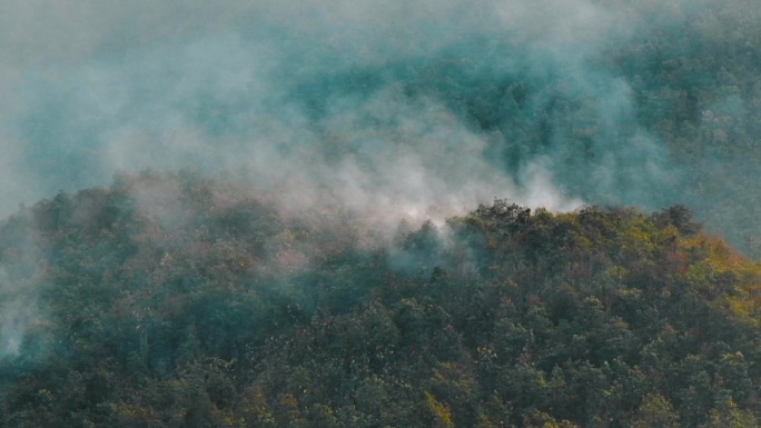 航拍污染山地和热带森林野火灾害