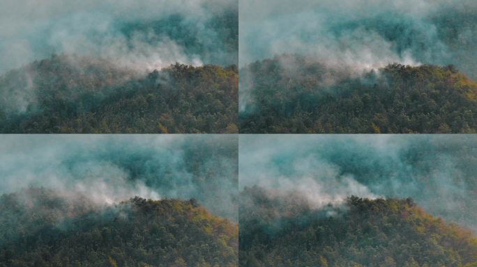 航拍污染山地和热带森林野火灾害