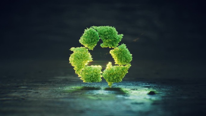 一个由郁郁葱葱的绿色半透明树叶组成的回收标志，在深蓝色的背景下背光。可持续废物管理和环保理念。3 d
