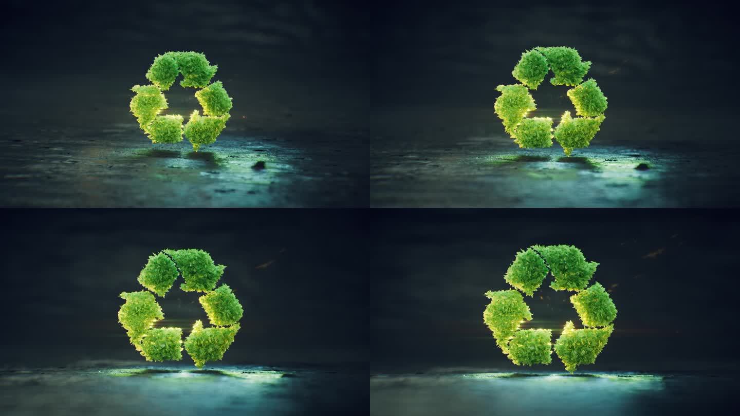 一个由郁郁葱葱的绿色半透明树叶组成的回收标志，在深蓝色的背景下背光。可持续废物管理和环保理念。3 d