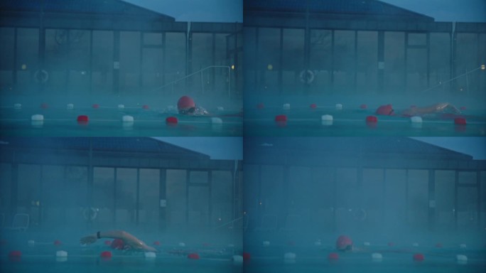 SLO MO坚定的女游泳运动员在大雾天气在豪华旅游度假村泳池练习自由泳