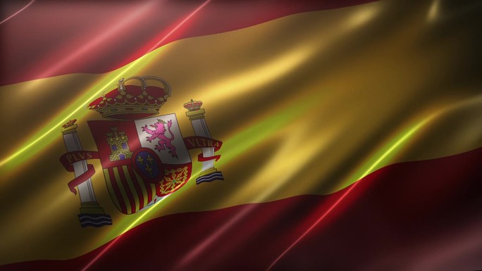 西班牙国旗，高角度，透视视角，随风摇曳，逼真具有电影般的观感，质感优雅柔滑，CG动画无缝循环播放。