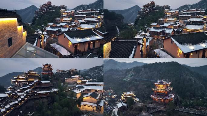 江西上饶高端民宿酒店望仙谷建筑雪景夜景