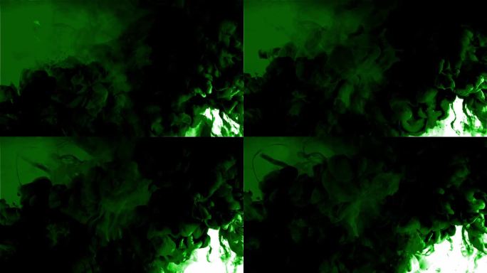 绿墨或其他液体云在白色表面扩散和上升。动态图形动画