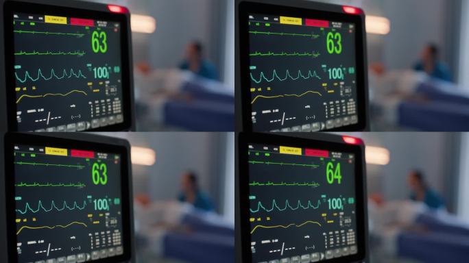 医疗、心电图和监护仪，带屏幕的医院心率、生命体征和心电图。医疗保健，设备和电气设备的心跳，心脏病学和