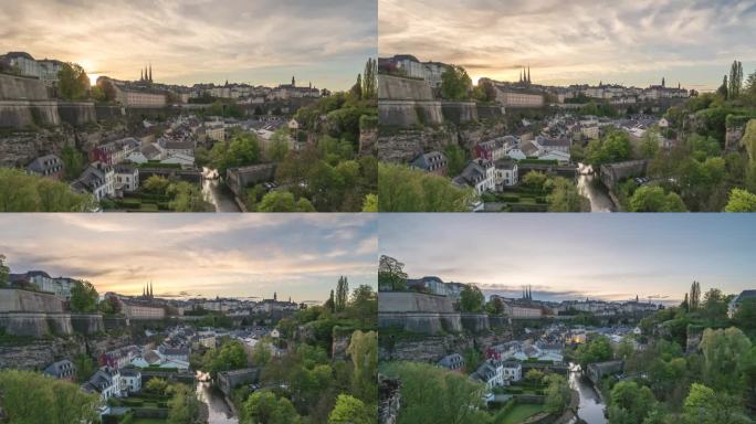 卢森堡大公国的时间流逝，城市天际线日夜日落在Grund沿着阿尔泽特河的历史老城区