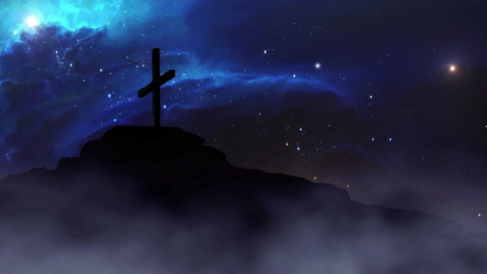 十字架在一座小山上，背景是发光的星星