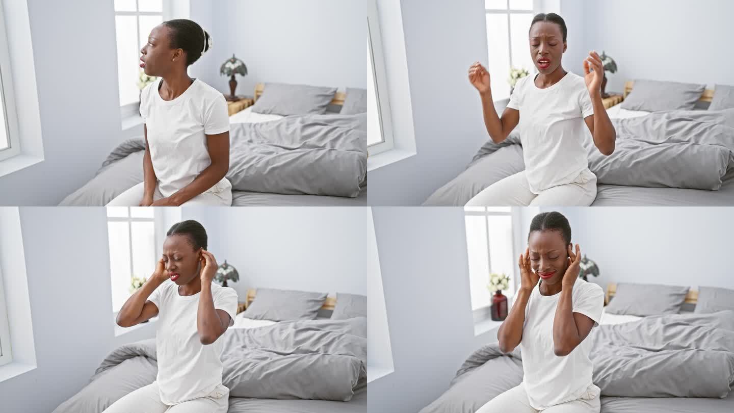 卧室里生气的非裔美国女人，用手指捂住耳朵，躺在床上，在震耳欲聋的噪音中无法放松