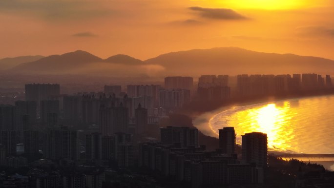 4K海边城市日出 夕阳