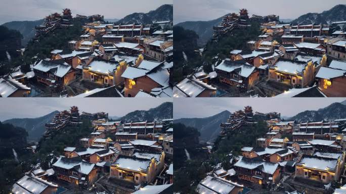 望仙谷民宿酒店雪景夜景航拍