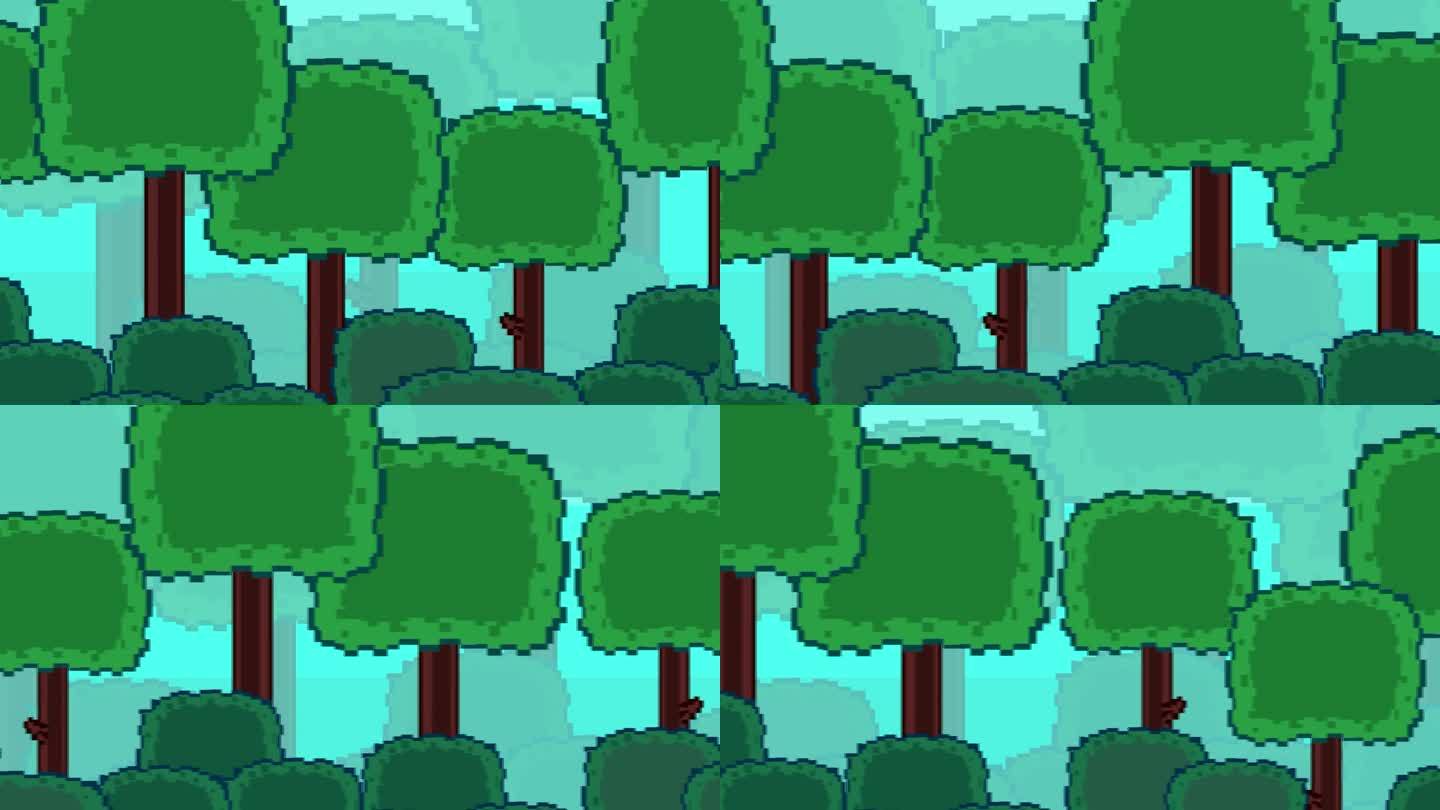 16位旧式游戏动画的风景与树木经过，像素艺术。