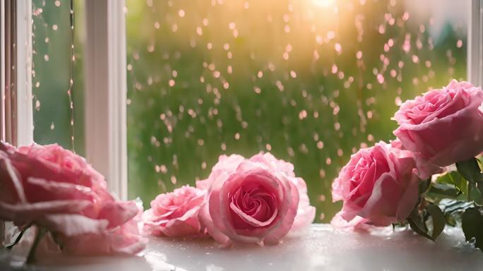 雨窗花语：一束玫瑰在雨中的静谧时光