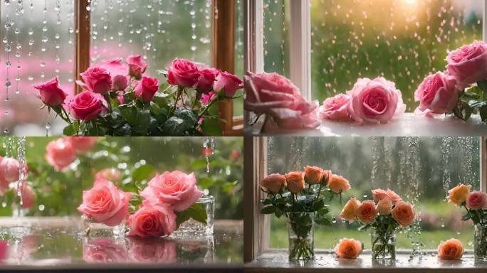 雨窗花语：一束玫瑰在雨中的静谧时光