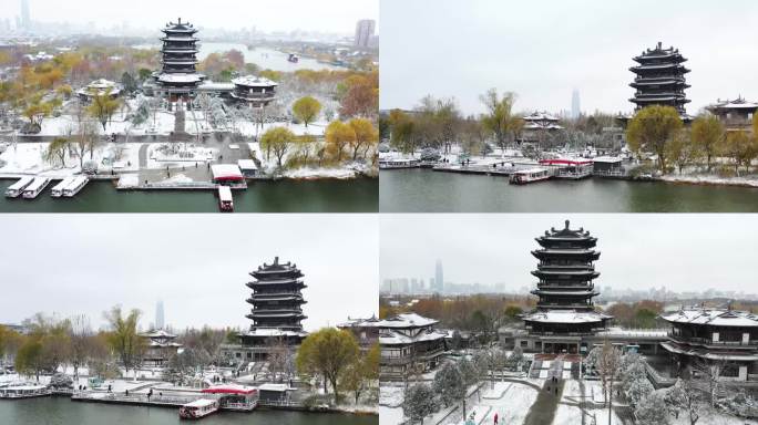 济南大明湖网红超然楼航拍雪景