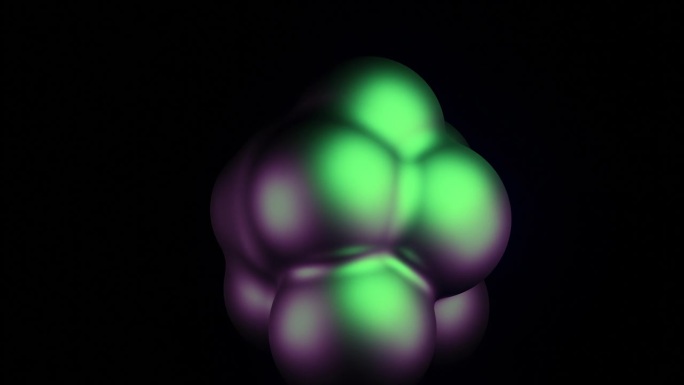 抽象的绿色和紫色的球体脉动在黑色的背景。设计。发光的球黏在一起又分开