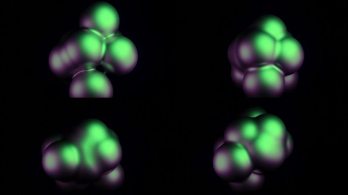 抽象的绿色和紫色的球体脉动在黑色的背景。设计。发光的球黏在一起又分开