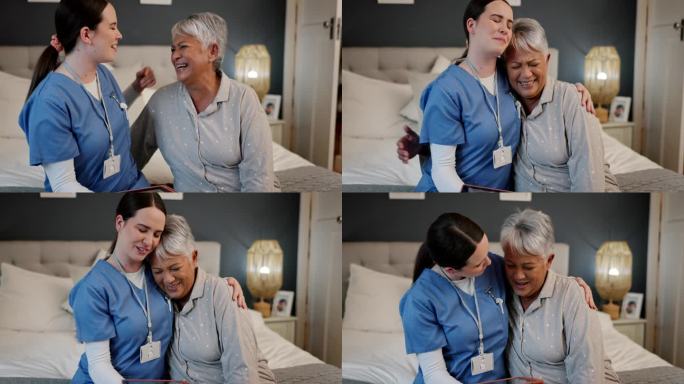 舒适，拥抱和护士与老年妇女在卧室进行医疗健康咨询。快乐，关怀和照顾者拥抱在养老院病床上的退休老人，寻
