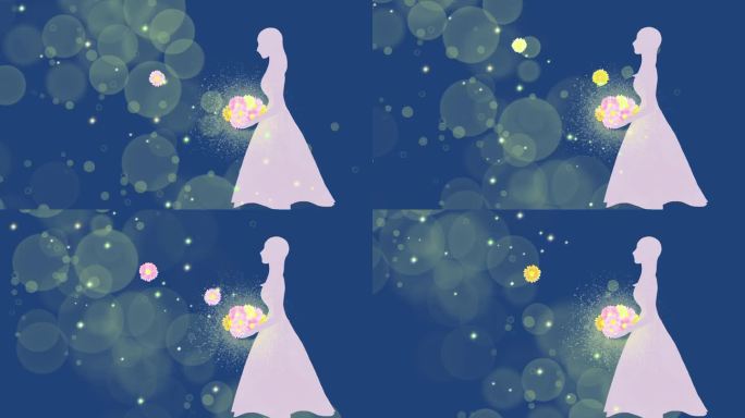 在一个循环动画中，闪亮的花朵从一个女孩的手中飞来。