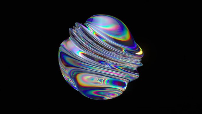 抽象艺术的三维动画，用一个超现实的玻璃球或球在变形变换的过程中，在孤立的黑色背景上产生棱镜的色散效果