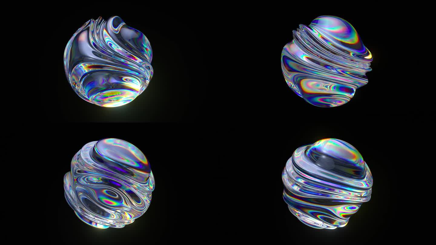 抽象艺术的三维动画，用一个超现实的玻璃球或球在变形变换的过程中，在孤立的黑色背景上产生棱镜的色散效果