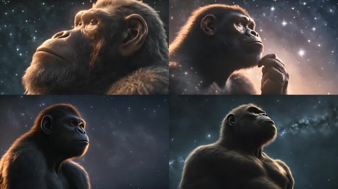 AI猿人原始人仰望夜晚星空