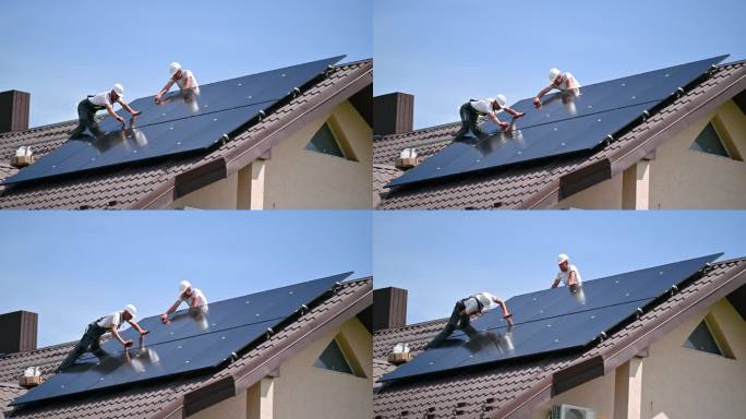 工人用内六角键在屋顶上建造光伏太阳能电池板系统。