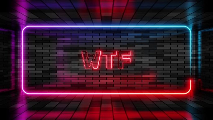 霓虹灯标志wtf在语音气泡框架上的砖墙背景3d渲染。光横幅在墙上的背景。什么该死的循环，设计模板，夜