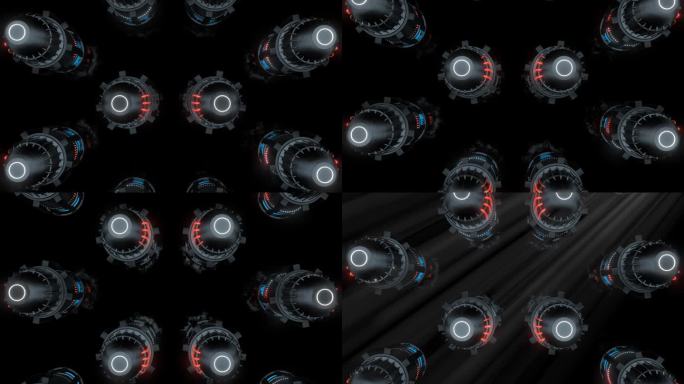 三维抽象动画“暗射线”VJ循环金属柱背景与霓虹蓝红光