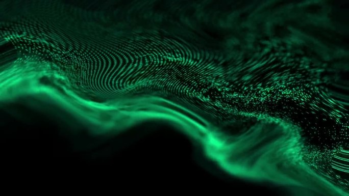 抽象的绿色螺旋光在黑色背景上的波浪构图。