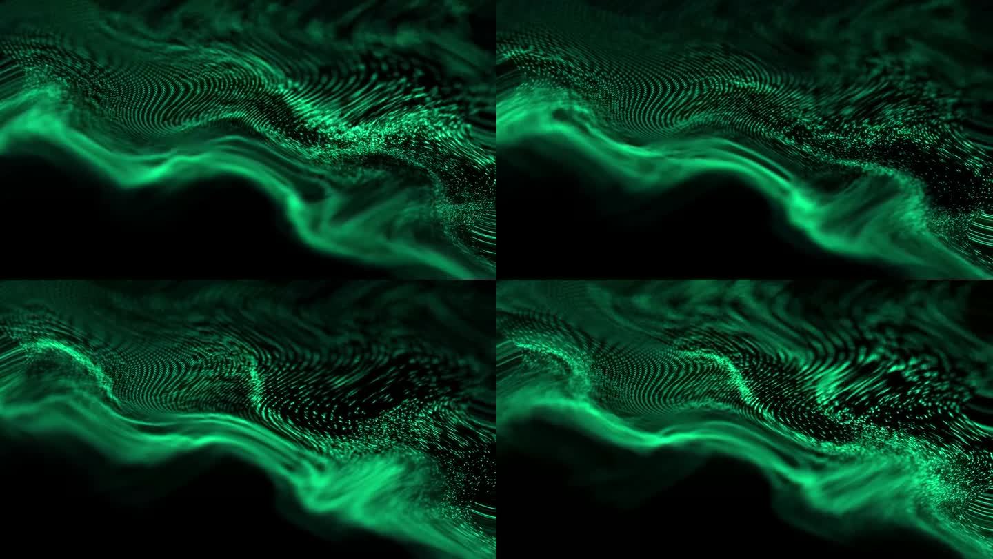 抽象的绿色螺旋光在黑色背景上的波浪构图。