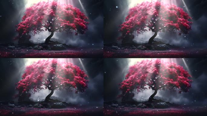 4K梦幻魔幻唯美红树场景，红色树，粒子光