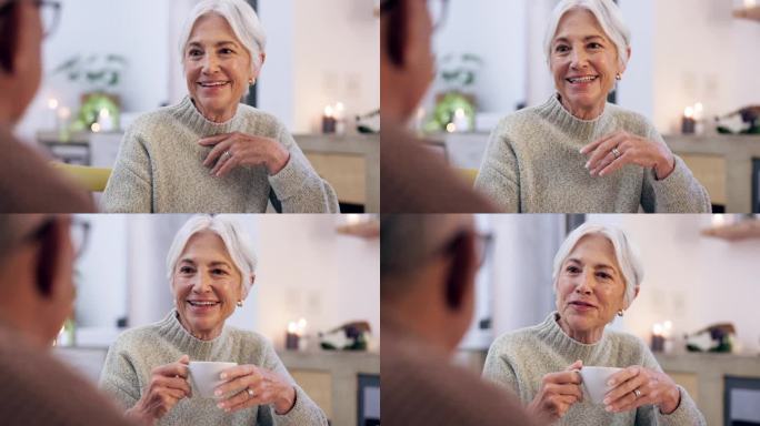 长辈，咖啡或幸福的夫妇在家里聊天，客厅聊天，在婚姻中一起建立联系。跨种族的关系，喝茶或者女人和退休的