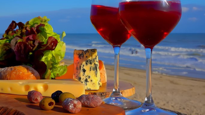 在大西洋沿岸野餐，享用奶酪和葡萄酒