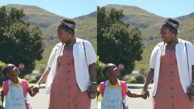 妈妈和孩子一起上学，一起上学，一起上路，一起笑着说话，南非快乐的非洲妈妈，家人和女孩背着双肩包，手拉