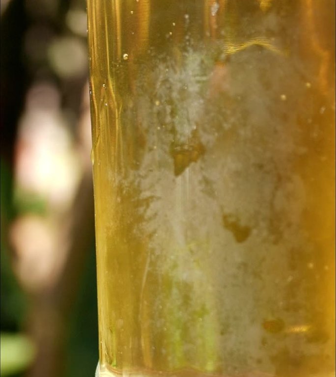 啤酒气泡在玻璃杯中缓缓升起，特写镜头。桌上的一杯啤酒。在随意的阳光下喝一杯啤酒。在户外喝杯啤酒。喝啤