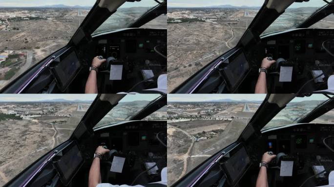 飞行员POV (FPV)实时进近降落在跑道上。身临其境的驾驶舱内视图。机长驾驶飞机。4 k 60 f