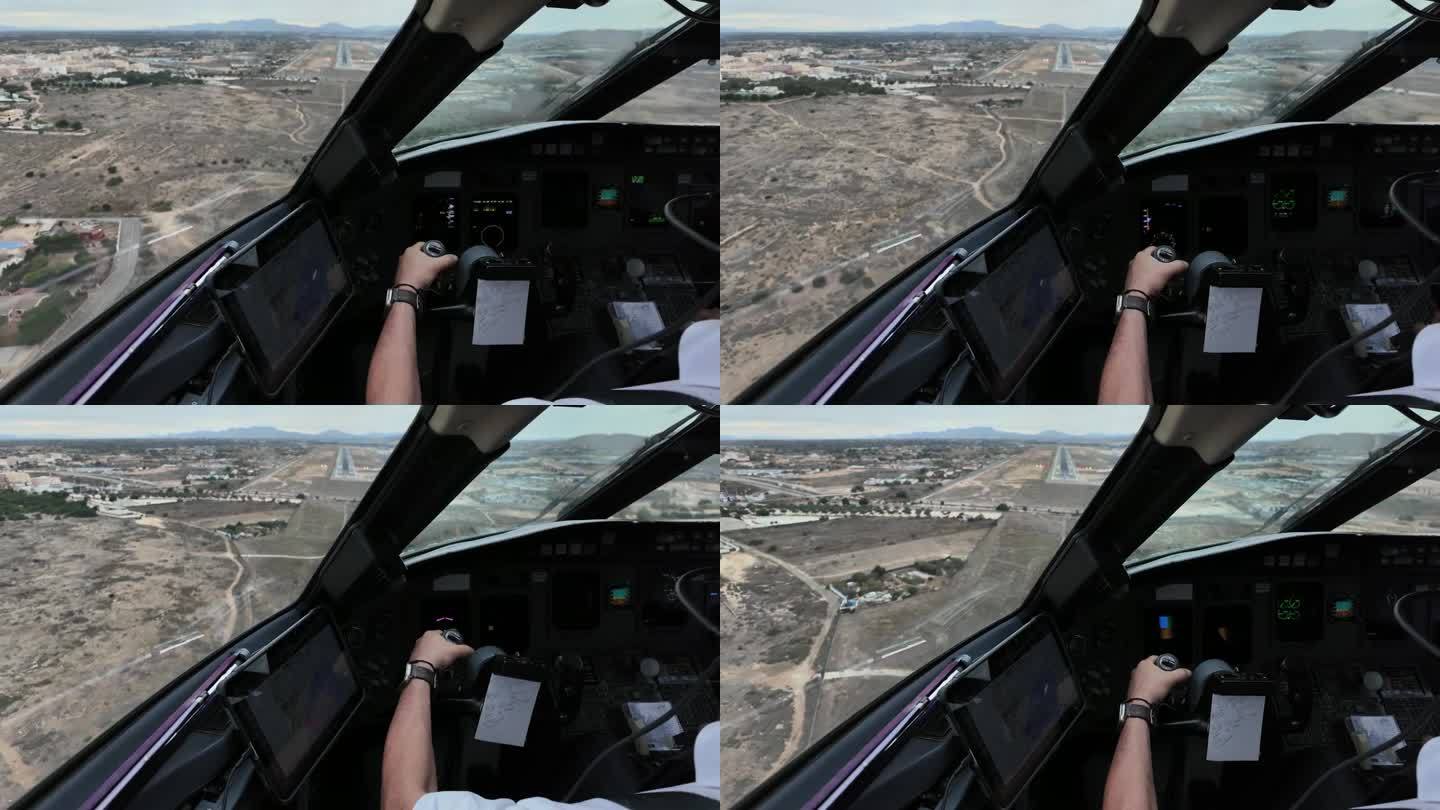 飞行员POV (FPV)实时进近降落在跑道上。身临其境的驾驶舱内视图。机长驾驶飞机。4 k 60 f