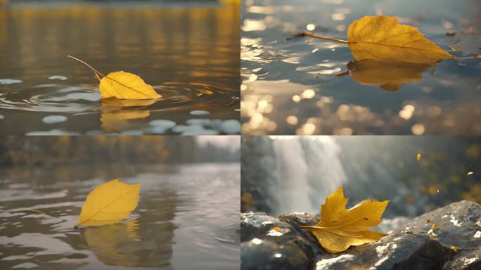 AI水中漂浮的黄色叶子唯美