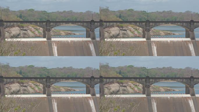 由于巴拿马干旱，马登大坝和空荡荡的阿拉胡埃拉湖的特写镜头