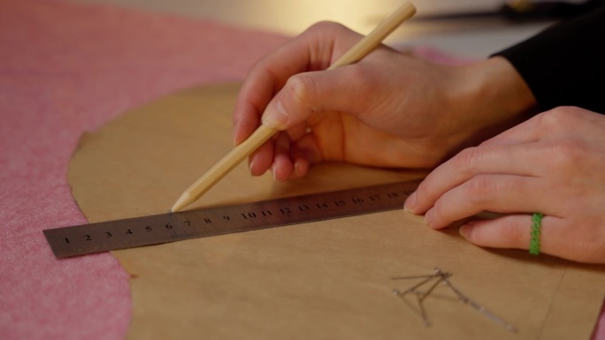 裁缝师测量织物上的纸样。裁缝的手在粉红色的布上用尺子测量纸的图案。