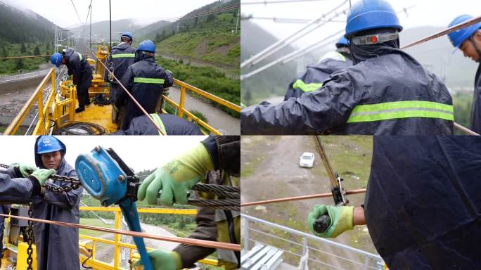 电气化冒雨作业铁路建设高铁施工